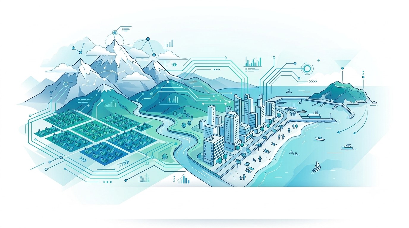 Ilustración de la Sierra Nevada de Santa Marta conectada por tecnología hasta el mar Caribe